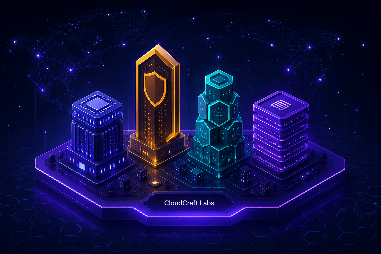 A skyline of platforms — UniCraft, GovCraft, KubeCraft, DatumCraft on the CloudCraft Labs base